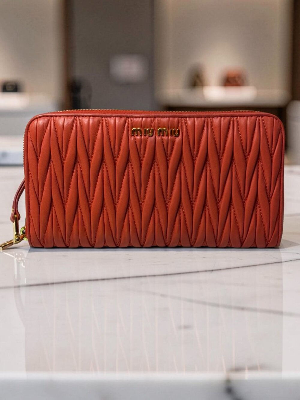 Miu Miu Matelasse Zip Around Continental Wallet Coral Nappa Leather Gold Logo